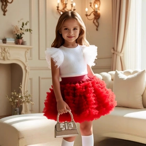 Detail of girls white knit top with tulle sleeves and red layered tutu skirt outfit