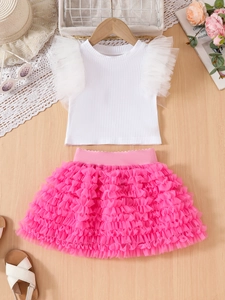 Girls summer two-piece outfit featuring white ruffled sleeve t-shirt and pink tutu skirt