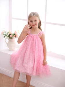 Girls Pink Princess Floral Dress Mesh Organza Bow Ruffled Sleeveless Summer Party Tutu Dress For Kids Wedding Birthday