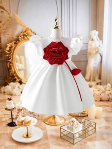 Mädchen Prinzessin Kleid Elegant Satin Party Gown Mit Großen 3D Rose Blume Puffärmel Abendkleid Für Hochzeit Geburtstag Aufführung