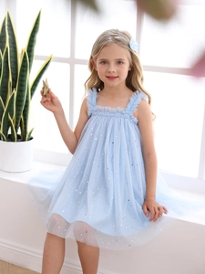Robe Princesse en Maille pour Filles Bleu Clair Étoile Lune Paillettes Volants Sans Manches Robe en Tulle pour Fête Été