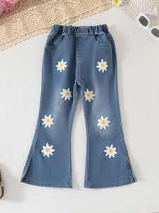 Girls daisy print washed blue denim flare pants with elastic waist and side slit details