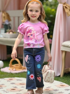 Vêtements de Mode pour Filles Haut Rose Manches Bouffantes Cartoon et Pantalon Denim Imprimé Marguerites Cœur Tenue Décontractée