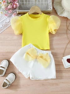 Girls Summer Clothing Set Puff Mesh Sleeve Ribbed T-Shirt And Bow Shorts Sweet 2 Piece Outfit For Toddler Kids