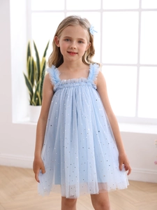 Robe en tulle bleu clair pour filles avec paillettes étoiles argentées et bretelles