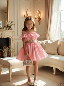 Girls pink off-shoulder princess dress with ruffles, golden belt and matching handbag
