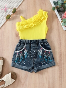 Ensemble de Vêtements d'Été pour Filles en Coton 2 Pièces Haut à Volants Épaules Dénudées Short en Denim