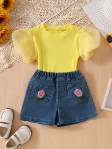 Girls summer set with yellow mesh puff sleeve top and floral embroidered denim shorts