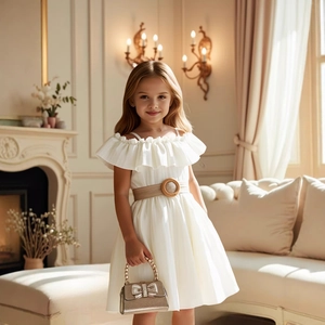 Detail of white off-shoulder pleated girls dress with ruffle neckline and woven belt