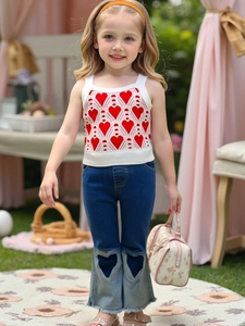 Mädchen Mode Zweiteiler Set Rot Herz Print Strickweste Tank Top Und Denim Schlaghose Mit Herz Ausschnitt Sommer Kinder Kleidung