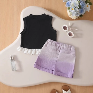 Detail of girls' black lace-trim tank top and purple gradient shorts summer outfit set
