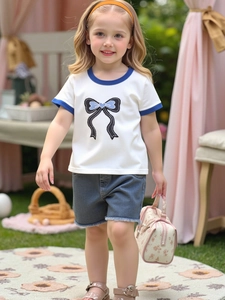 Mädchen Sommer Baumwolle 2-Teiliges Bekleidungsset Schleife Druck Kurzarm T-Shirt Und Denim Shorts Casual Outfit Für Kinder