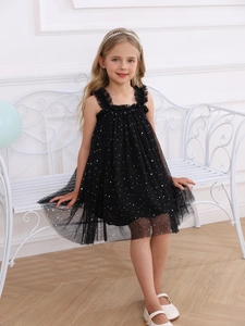 Elegante abito tutu nero da bambina con paillettes argento e spalline con volant