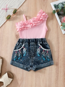 Ensemble d'été pour filles avec haut rose à volant et short en jean imprimé