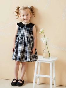 Robe Sans Manches à Col Claudine Gingham pour Filles en Mélange de Coton à Carreaux Avec Nœud Robe d'Été pour Enfants
