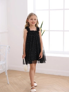 Abito nero senza maniche per bambina con paillettes argentate e gonna in tulle