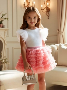 Girls Princess Tulle Skirt And Flutter Mesh Sleeve Knit Top Outfit Layered Tutu Party Apparel For Kids Aged 3 To 8 Years