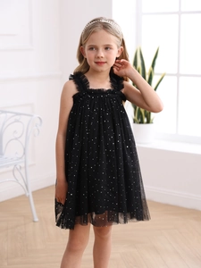 Abito da bambina in tulle nero con paillettes argentate e spalline con volant per occasioni