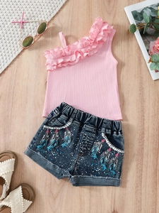 Ensemble d'été pour fille avec débardeur rose à volants et short en jean à plumes