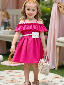 Girls Summer Off Shoulder Ruffle Princess Dress Solid Color Elegant A Line Pleated Party Dress With Belt Mini Bag