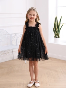Abito in tulle nero senza maniche per bambine con paillettes argentate e strati di rete