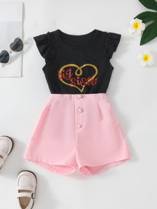Girls summer set with heart print flutter sleeve T-shirt and pink shorts with pearl buttons