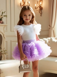 Girls white ruffle knit top and lavender layered mesh tutu skirt elegant outfit set