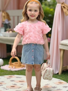 Ensemble de Vêtements d'Été pour Filles de Luxe Français Chemise à Fleurs Rose 3D et Jupe en Denim Bleu Tenues Enfants