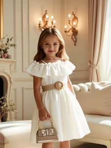 Girl's white off-shoulder pleated dress with ruffled collar and woven belt for summer