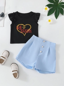 Girl summer outfit with Big Sister heart print T-shirt and high-waist denim shorts