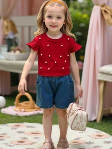 Girls Summer Clothing Set Ribbed Artificial Pearl Beaded Flutter Sleeve Top And Denim Shorts Two Piece Outfit For Toddler Kids