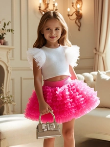 Girls white ruffle top and pink mesh tutu skirt set for formal party or occasion