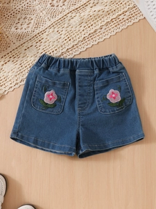 Girls denim shorts with floral embroidery and elastic waist for 2025 summer outfits