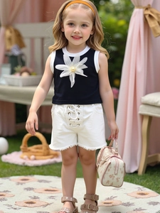 Girls Summer Cotton Clothing Set Sleeveless Black Tank Top With 3D Flower Pearl Decor And White Raw Hem Denim Shorts
