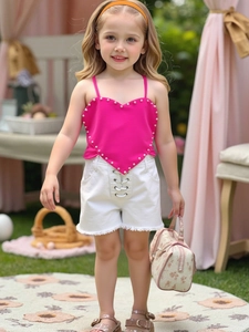 Girls Summer Two Piece Clothing Set Heart Shape Artificial Pearl Camisole Top And White Denim Shorts Outfits Sweet Princess Style
