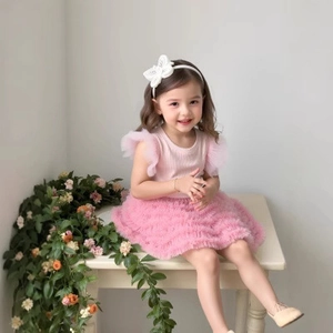 Detail of pink toddler princess dress set with ruffled top and layered mesh tutu skirt