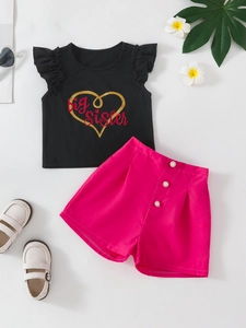Girls Summer Outfit Heart Printed Flutter Sleeve T-Shirt And High Waist Shorts Big Sister Clothing