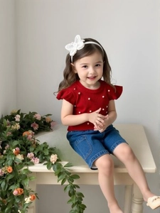 Girls summer knit top with pearls and denim shorts set displayed in a lifestyle setting