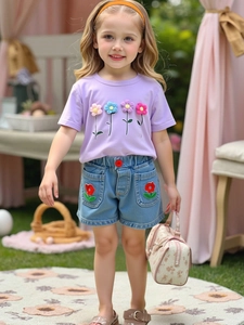 Girls Summer Floral Cotton T-Shirt And Denim Shorts Set Korean Style Sweet Short Sleeve Casual Outfit For Kids Clothing