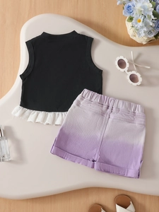 Girls sweet black bow tank top with lace trim and purple gradient shorts summer outfit set