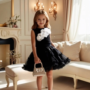 Detail of girls' black tutu dress with 3D white flower applique and mesh layers