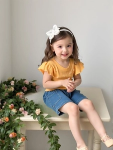 Girls summer set with yellow ribbed t-shirt, denim shorts and lace headband on white table