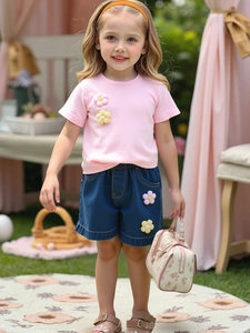 Girls Summer Outfit Pink Short Sleeve T-Shirt With 3D Floral Applique And Denim Shorts Casual Kids Clothing