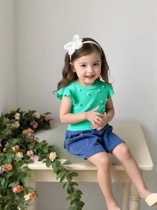 Girls bright green beaded top and denim shorts two-piece summer outfit set