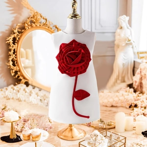 Détail de la robe trapèze ivoire avec une applique de rose rouge en satin tridimensionnelle