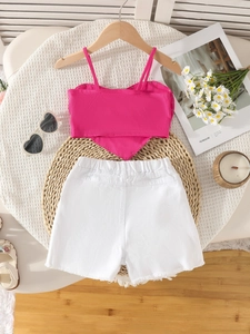 Girls summer set with fuchsia rhinestone crop top and white denim shorts with daisies