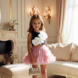 Detail of girls' floral applique top with layered pink tutu skirt and bow handbag