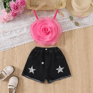 Détail d'un ensemble d'été fille avec haut à fleur 3D rose et short en jean étoile
