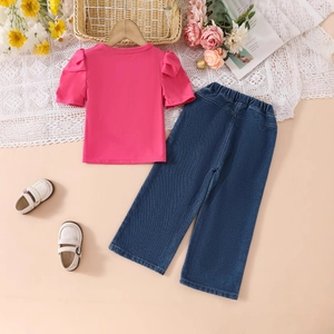 Detail of pink puff sleeve top and blue denim wide-leg pants for girls' two-piece set