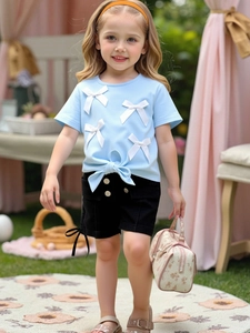 Girls Summer Fashion Clothing Blue Bowknot Short Sleeve Top And Black Denim Shorts Casual Outfit For Outdoor Play